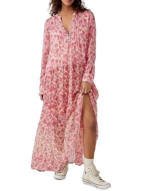 Free People See It Through Boho Floral Sheer Long Sleeve Maxi Dress Pink M